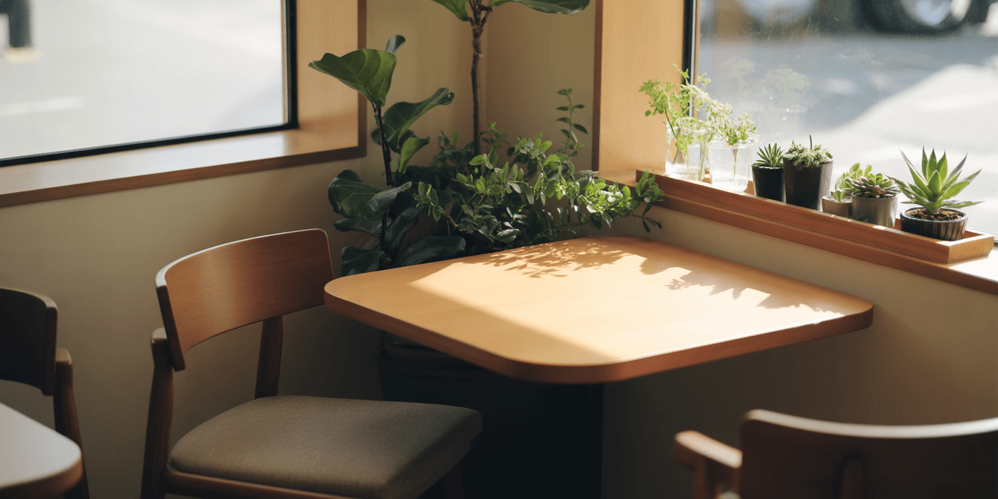 咖啡廳一隅,木質調與自然光